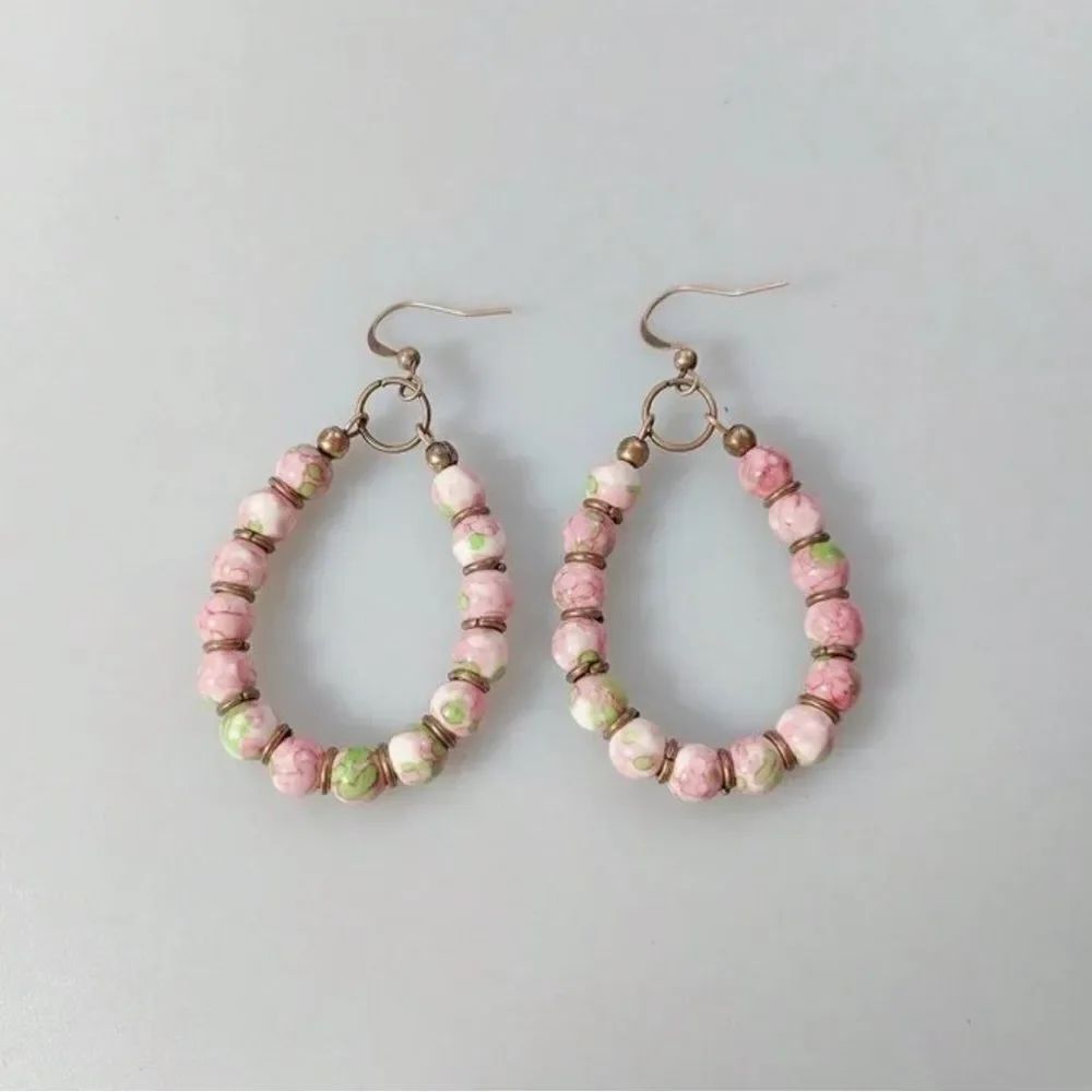 Pink and Green Beaded Hoop Earrings A1326